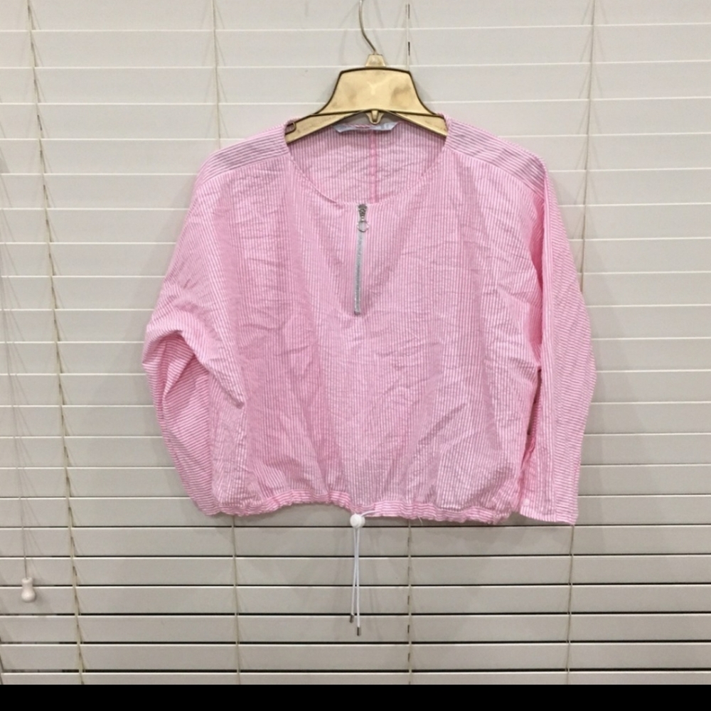 Zara 3/4 sleeve pinstripe half zip elastic drawstring waist crop wrap top